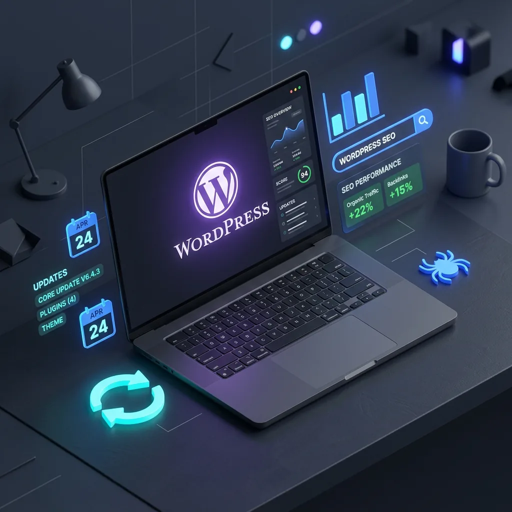 Modelado 3D isométrico mostrando un portátil con el logotipo de WordPress brillando en luz violeta y flechas de actualización circulares en cian